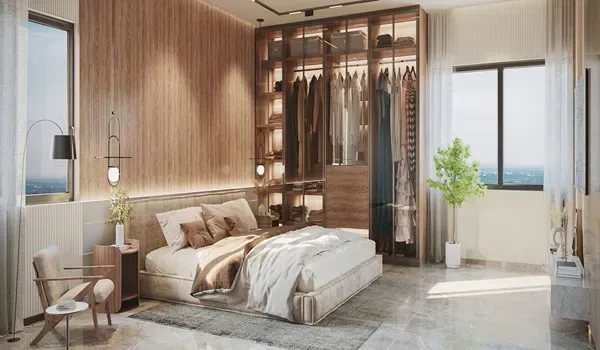Representative bedroom interior with built-in wardrobe